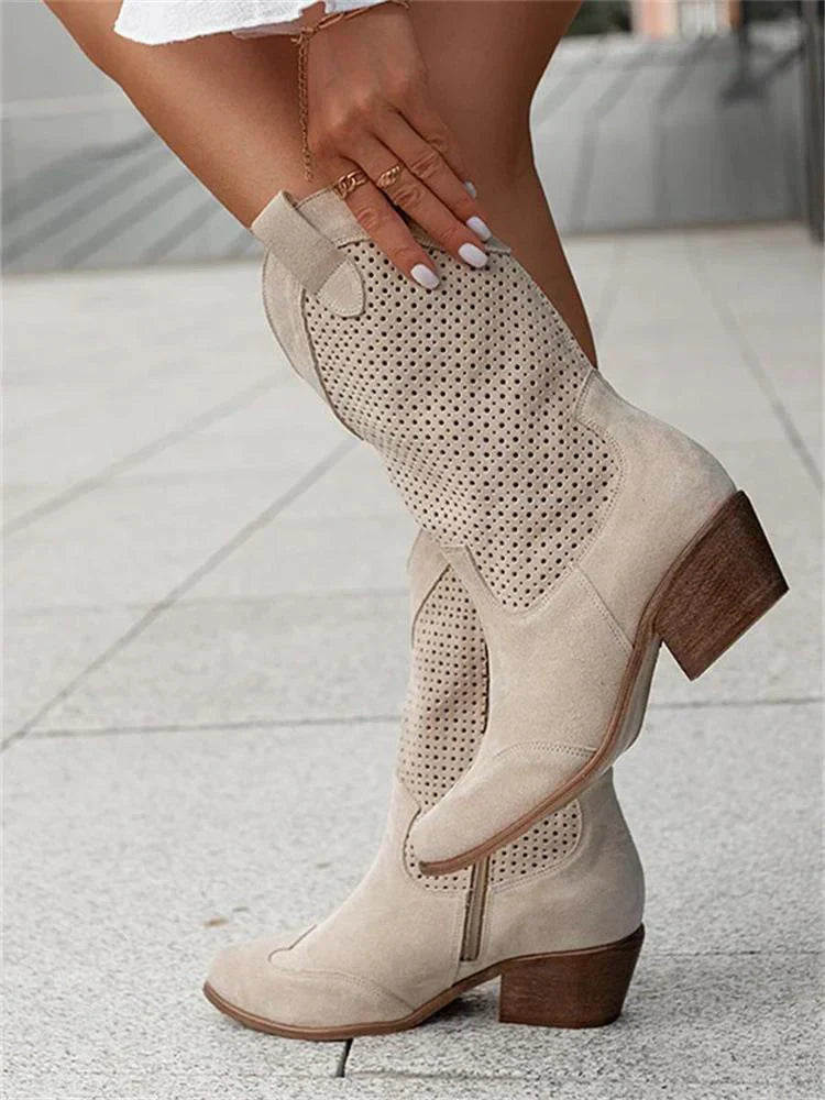 Women's Boots | Perforated Mid Calf Panel, Contrast Block Heel