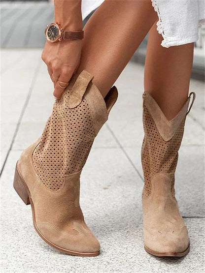 Women's Boots | Perforated Mid Calf Panel, Contrast Block Heel