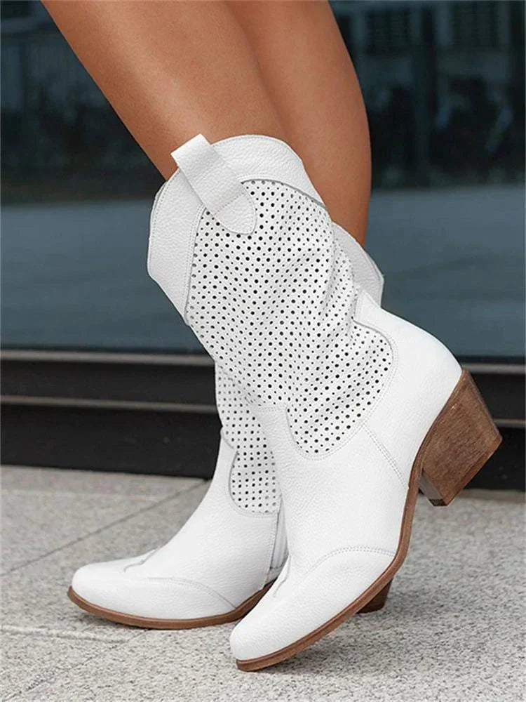 Women's Boots | Perforated Mid Calf Panel, Contrast Block Heel