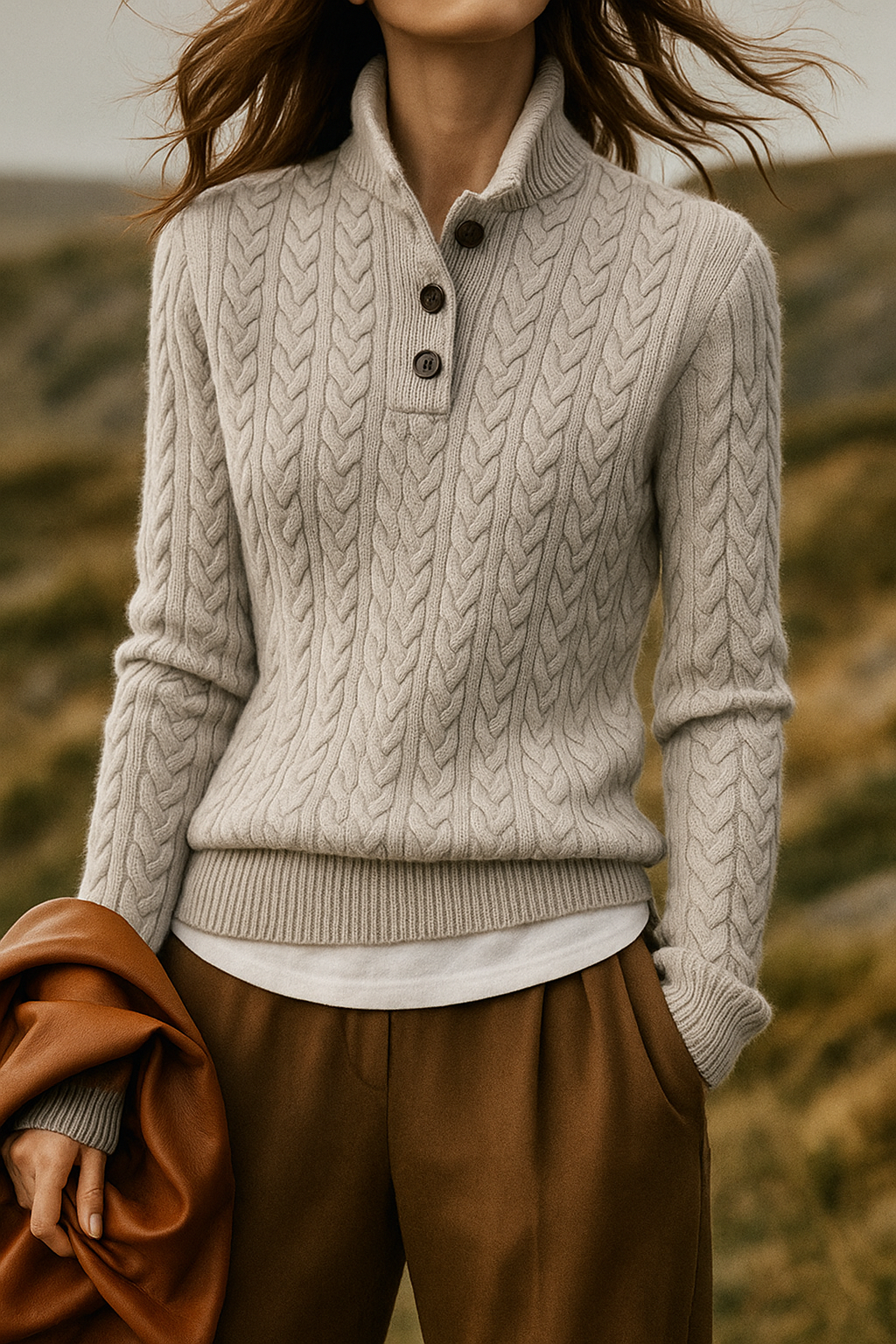 Women's Cable Knit Sweatshirt | Funnel Neck & Relaxed Fit