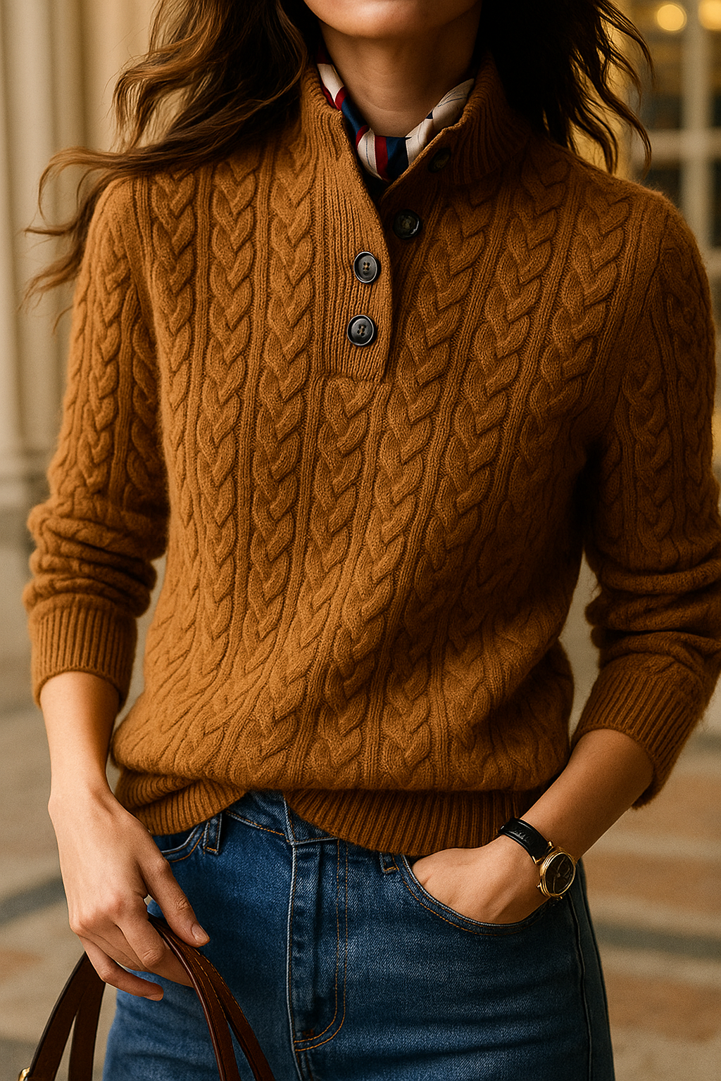 Women's Cable Knit Sweatshirt | Funnel Neck & Relaxed Fit