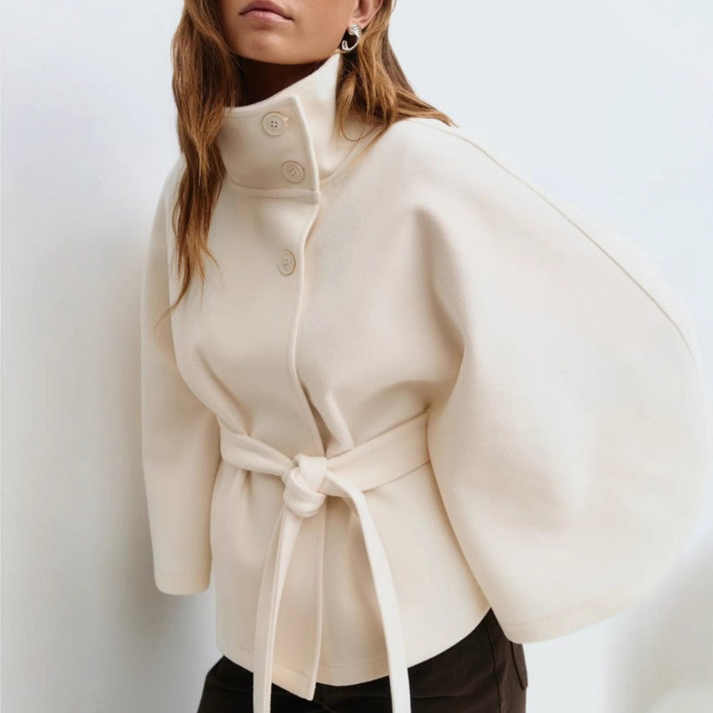 Women's Cape Coat | High Funnel Collar & Belted Waist