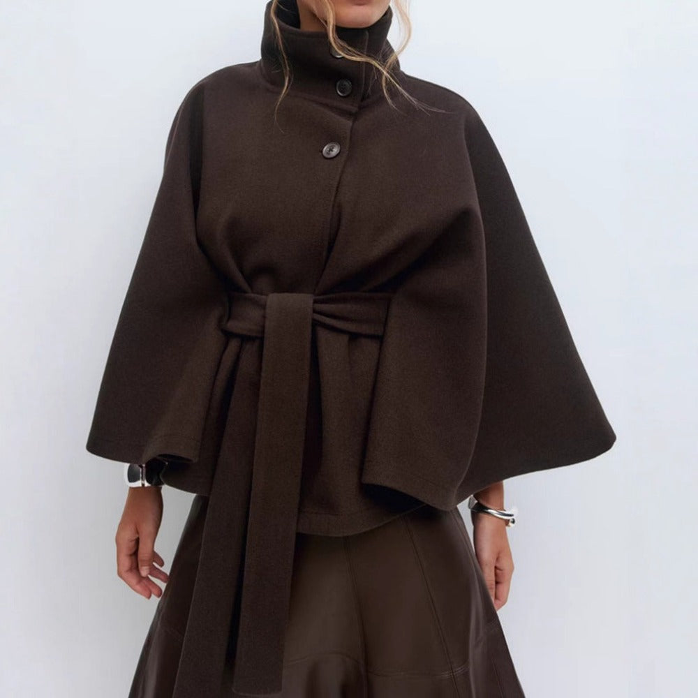 Women's Cape Coat | High Funnel Collar & Belted Waist
