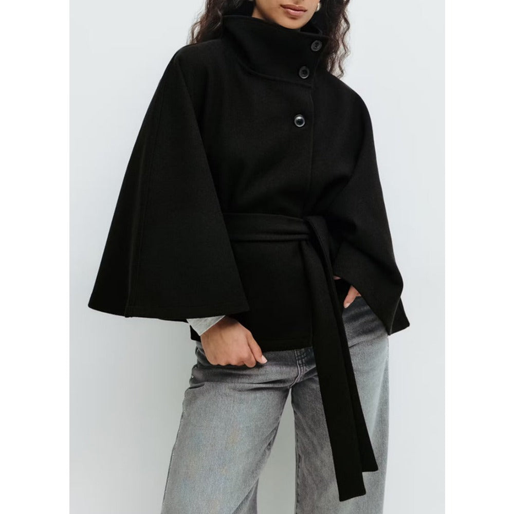 Women's Cape Coat | High Funnel Collar & Belted Waist