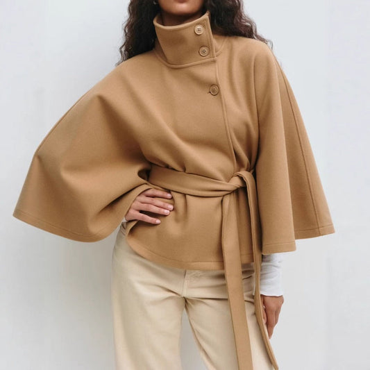Women's Cape Coat | High Funnel Collar & Belted Waist