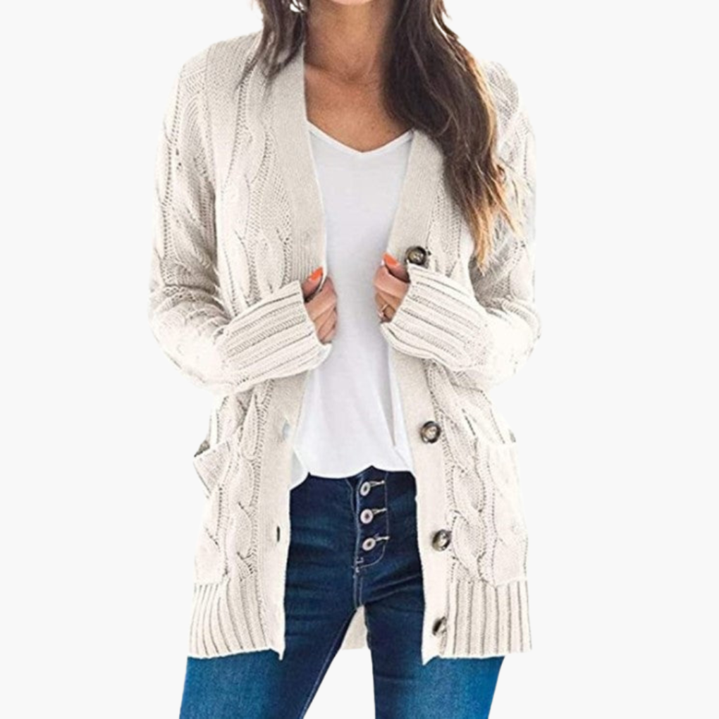 Women's Cardigan | Cable Texture, Hip Patch Pockets