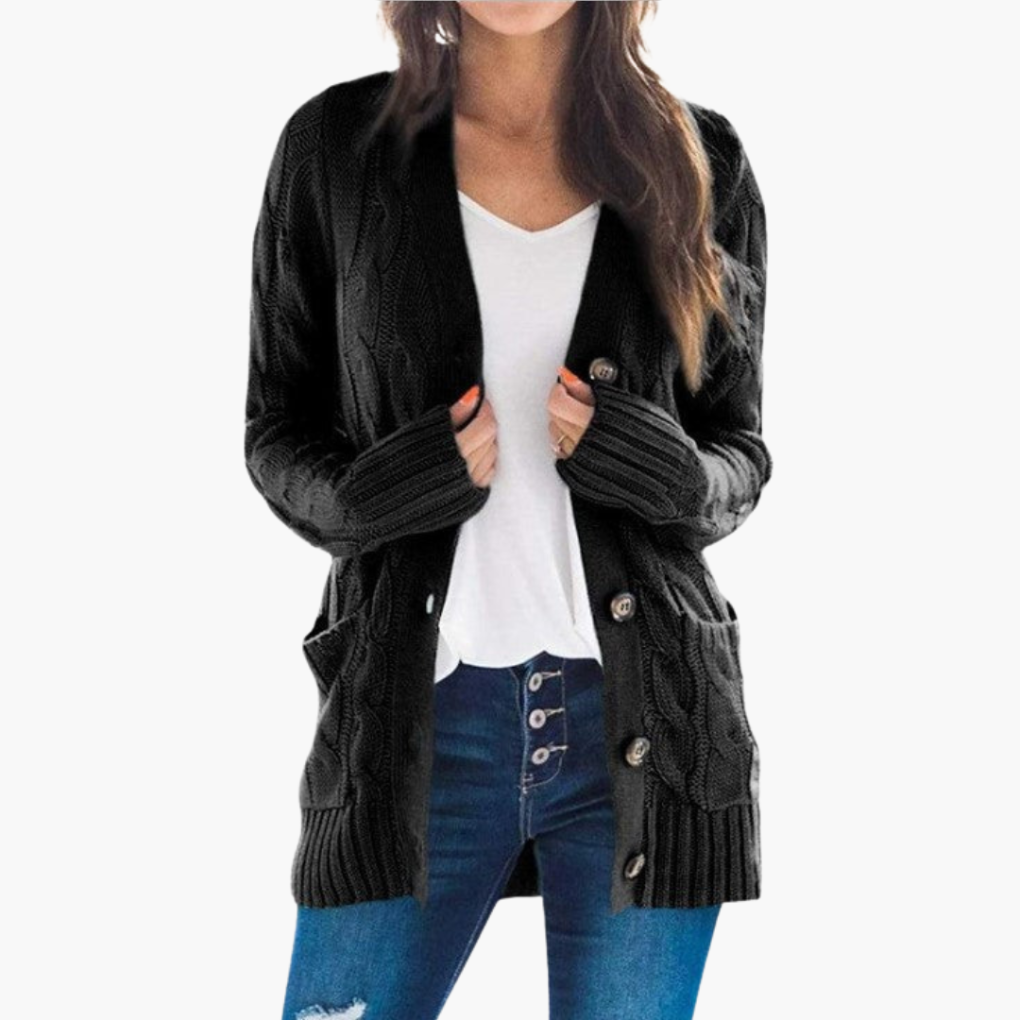 Women's Cardigan | Cable Texture, Hip Patch Pockets