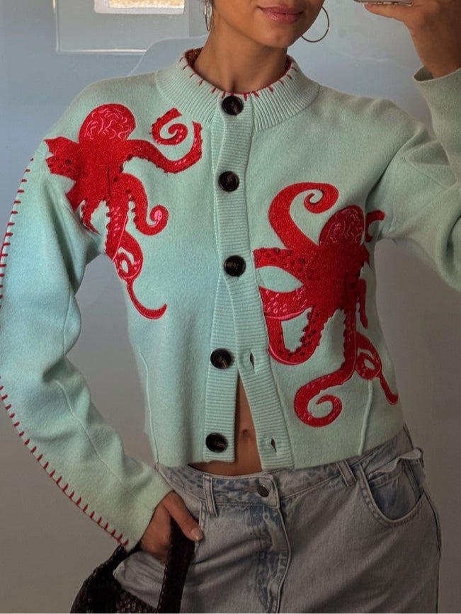 Women's Cardigan | Octopus Motif, Whipstitched Edges