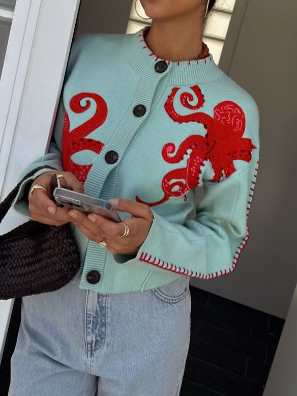 Women's Cardigan | Octopus Motif, Whipstitched Edges