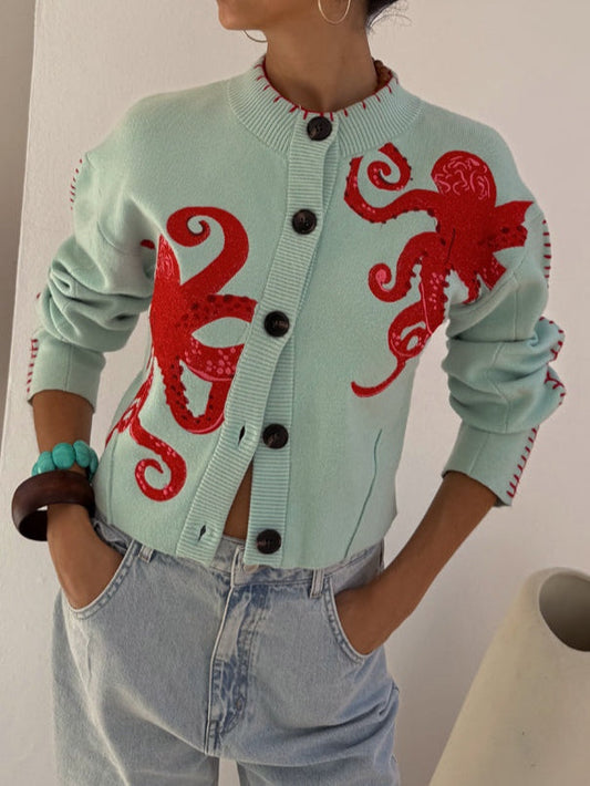 Women's Cardigan | Octopus Motif, Whipstitched Edges