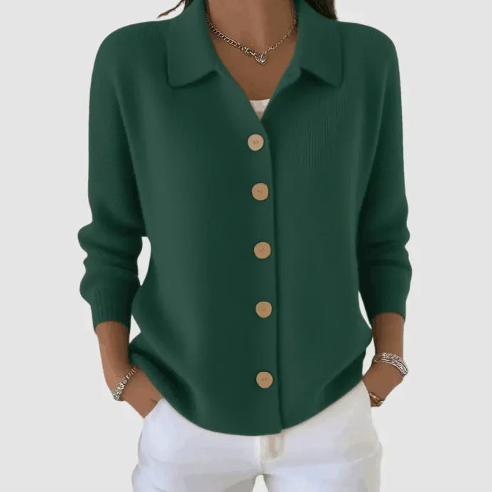Women's Cardigan | Point Collar, Five-Button Front, Soft Rib