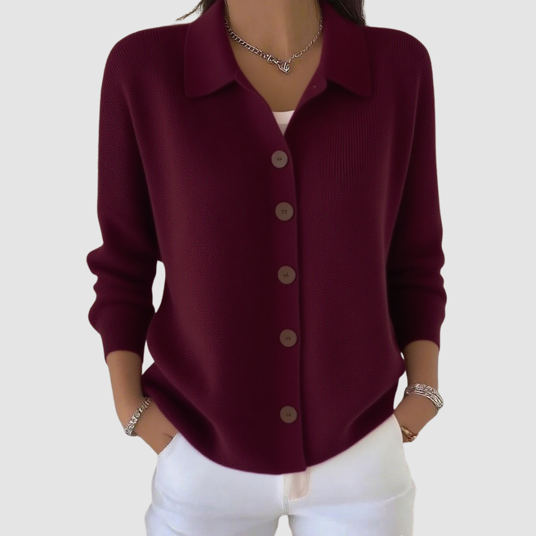 Women's Cardigan | Point Collar, Five-Button Front, Soft Rib