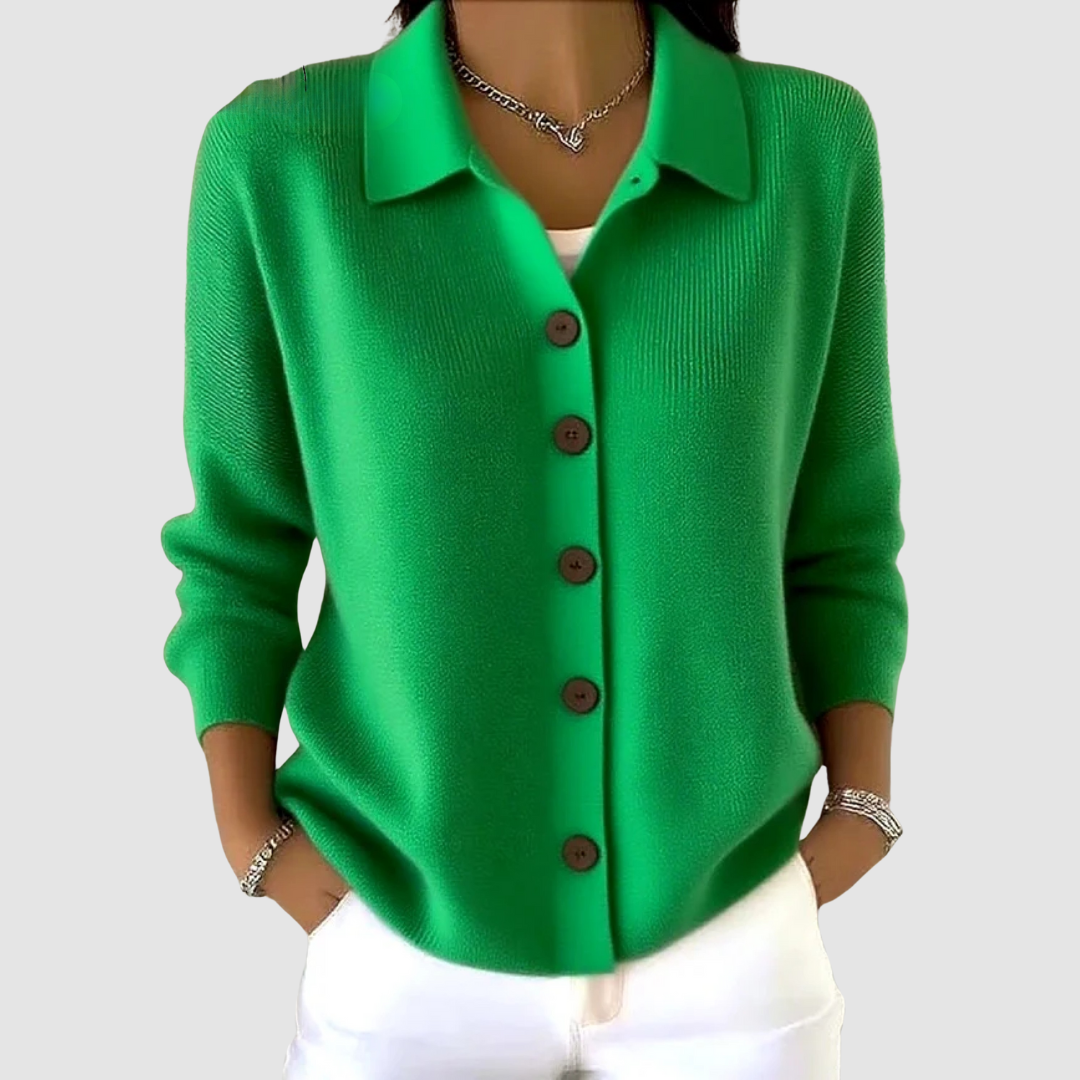 Women's Cardigan | Point Collar, Five-Button Front, Soft Rib