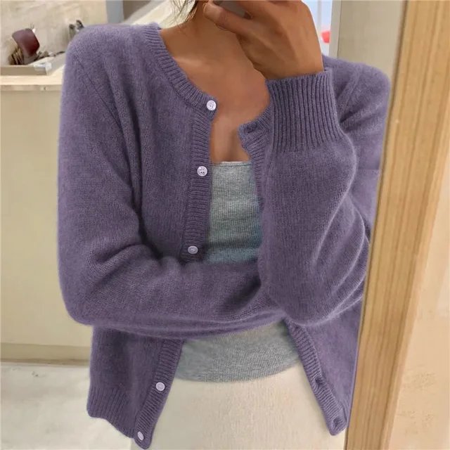 Women's Cardigan | Round Neck, Button Front, Ribbed Placket