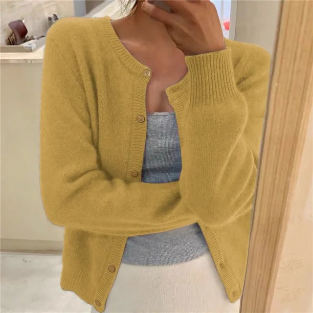 Women's Cardigan | Round Neck, Button Front, Ribbed Placket