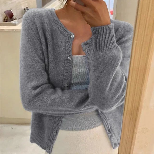 Women's Cardigan | Round Neck, Button Front, Ribbed Placket