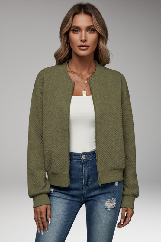 Women's Cardigan | Zip Front, Stand Collar, Ribbed Hem