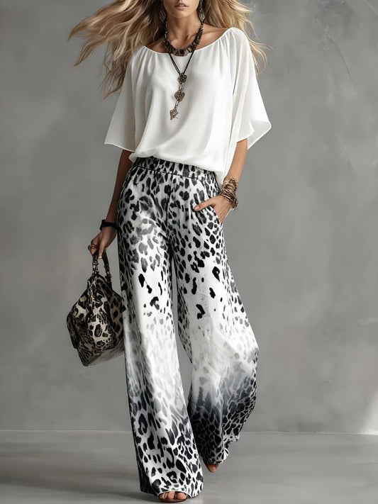 Women's Co-Ord Set | Batwing Blouse & Leopard Print Trousers