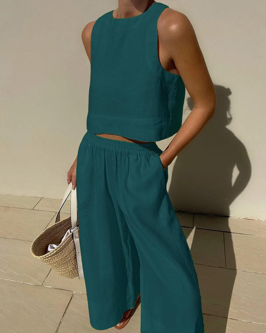 Women's Co-Ord Set | Sleeveless Crop Top & Wide Leg Trousers