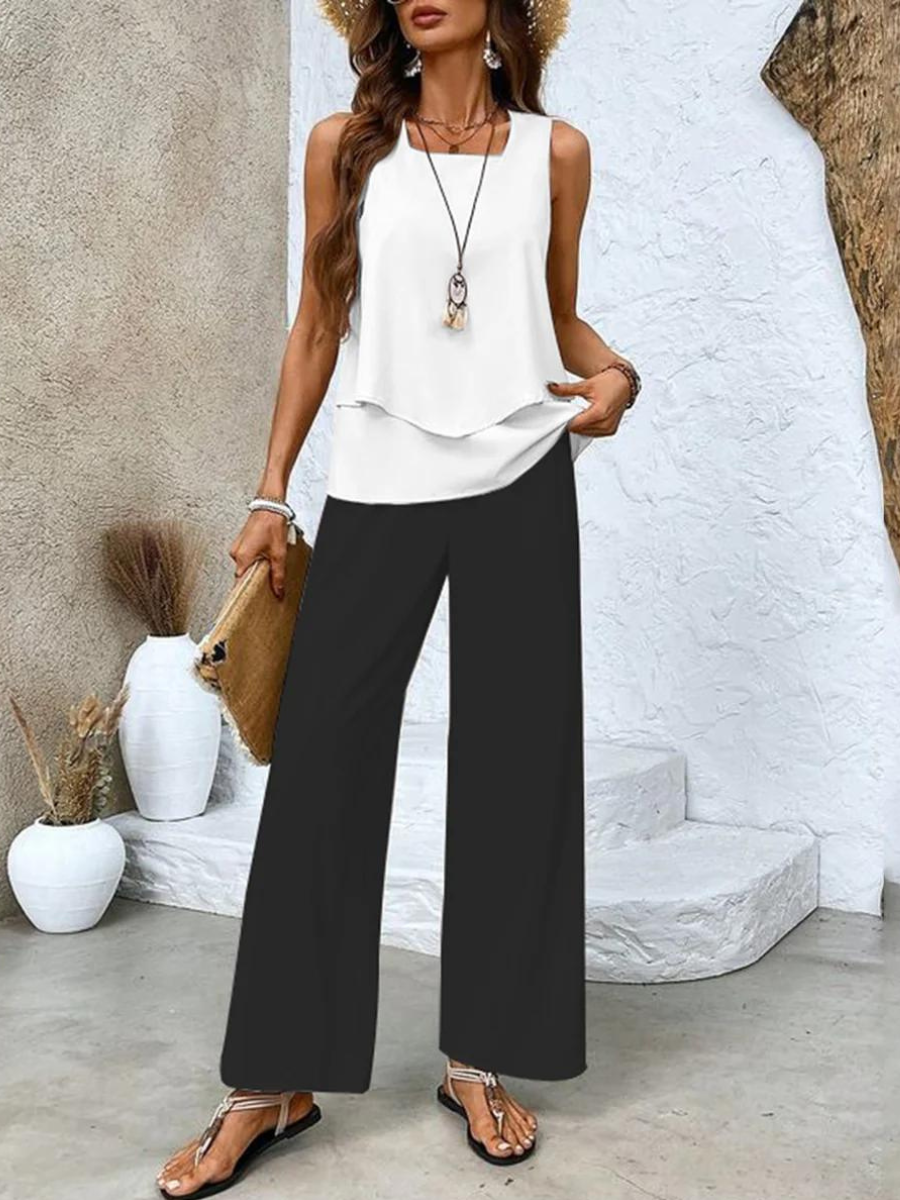 Women's Co Ord Set | Sleeveless Top & Leaf Print Wide Leg Trousers