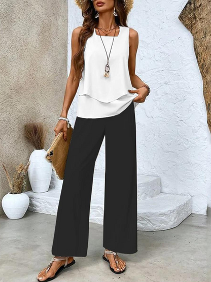 Women's Co Ord Set | Sleeveless Top & Leaf Print Wide Leg Trousers