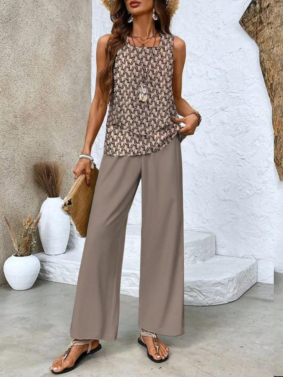 Women's Co Ord Set | Sleeveless Top & Leaf Print Wide Leg Trousers