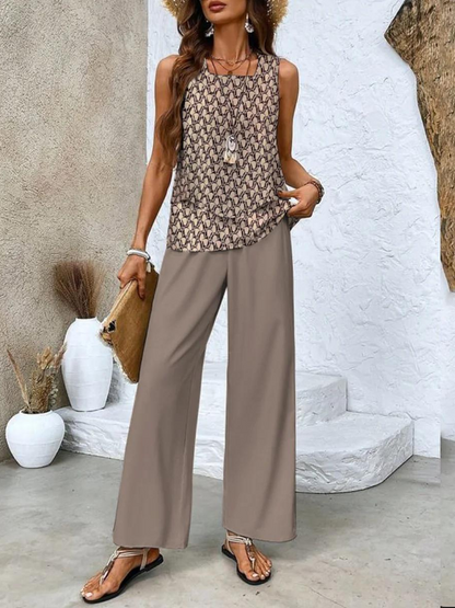 Women's Co Ord Set | Sleeveless Top & Leaf Print Wide Leg Trousers