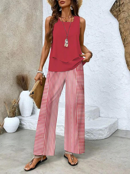 Women's Co Ord Set | Sleeveless Top & Leaf Print Wide Leg Trousers