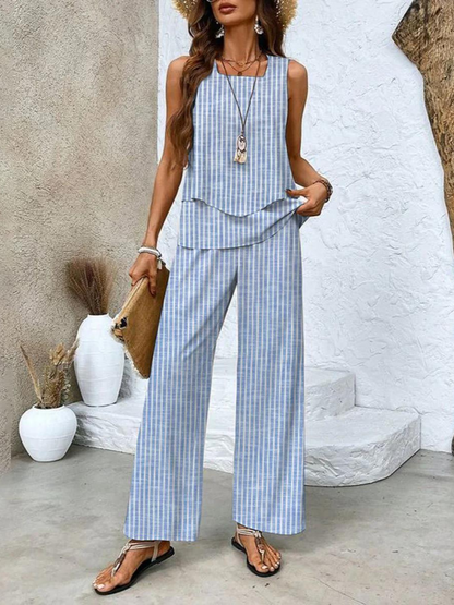 Women's Co Ord Set | Sleeveless Top & Leaf Print Wide Leg Trousers