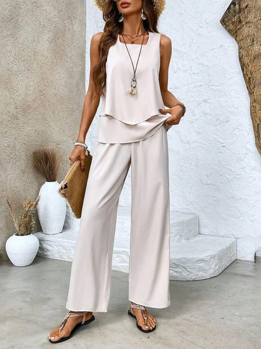 Women's Co Ord Set | Sleeveless Top & Leaf Print Wide Leg Trousers