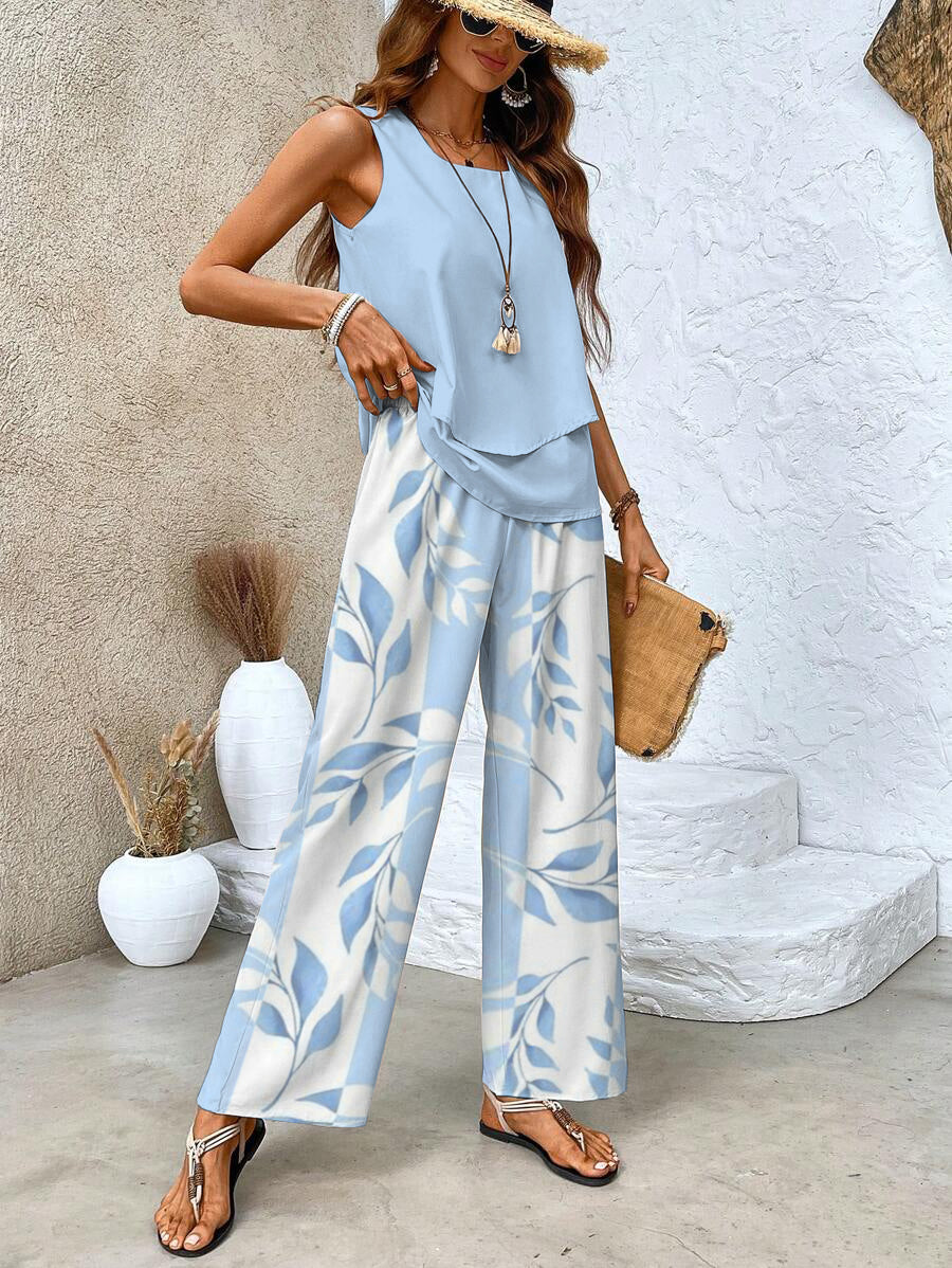 Women's Co Ord Set | Sleeveless Top & Leaf Print Wide Leg Trousers