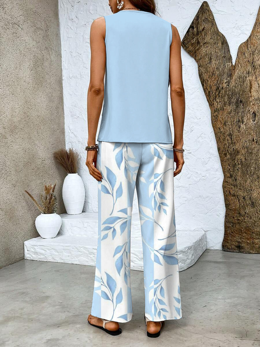 Women's Co Ord Set | Sleeveless Top & Leaf Print Wide Leg Trousers