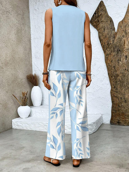 Women's Co Ord Set | Sleeveless Top & Leaf Print Wide Leg Trousers