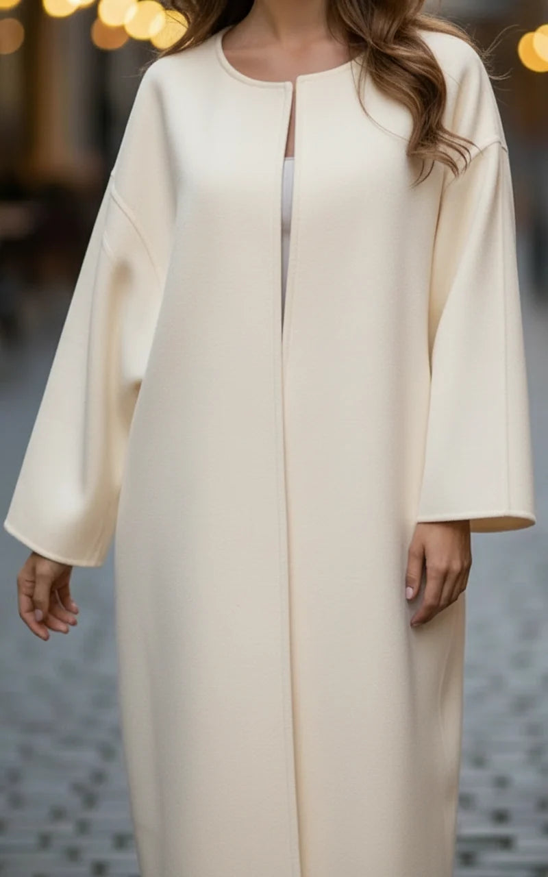 Women's Coat | Collarless Round Neck, Edge-To-Edge Front