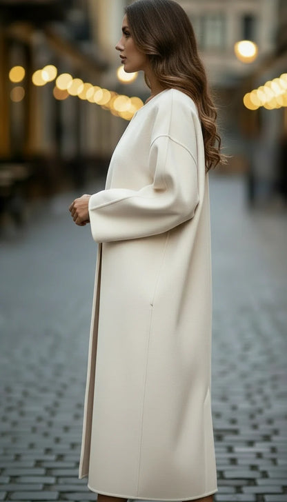 Women's Coat | Collarless Round Neck, Edge-To-Edge Front