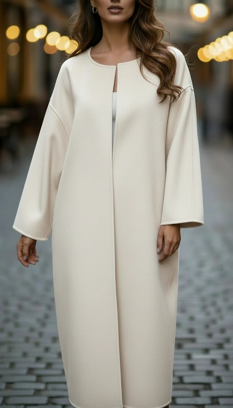 Women's Coat | Collarless Round Neck, Edge-To-Edge Front