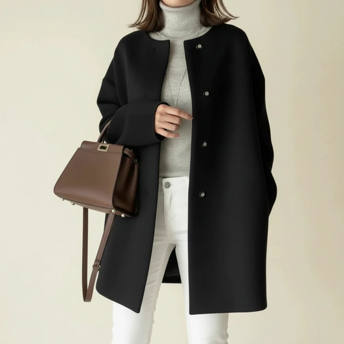 Women's Collarless Winter Coat | A-Line Silhouette & Mid-Length