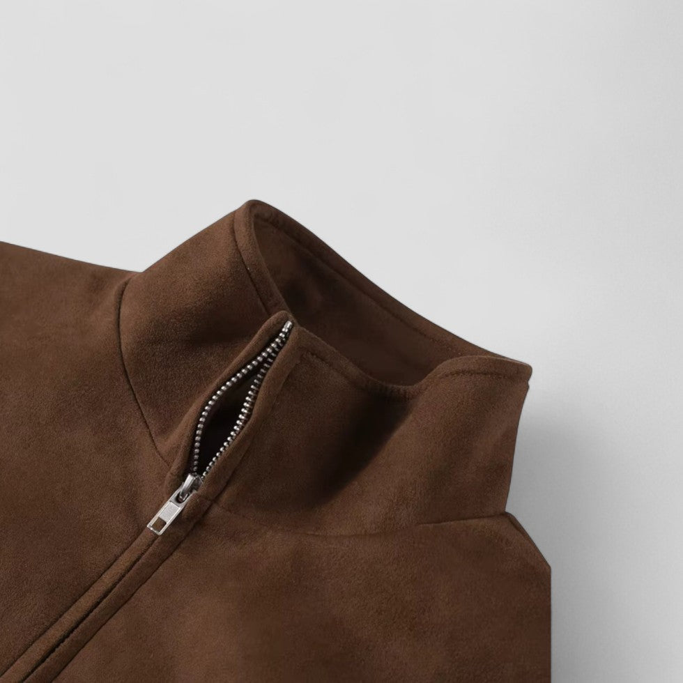 Chic Suede-Style Cropped Jacket with Zipper