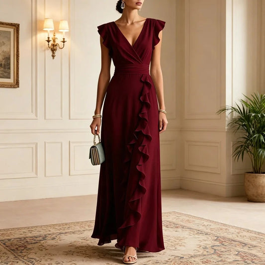Women's Evening Gown | Burgundy Ruffle Front V-Neck Maxi Dress