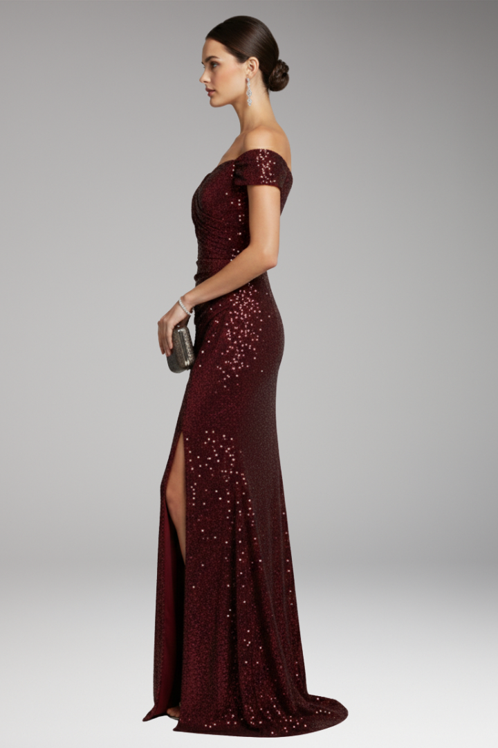 Women's Evening Maxi Dress | Sequin Off Shoulder & Slit