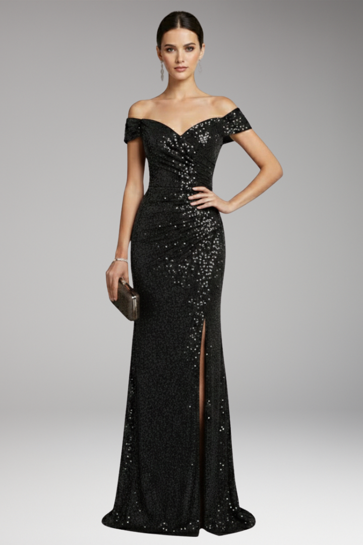 Women's Evening Maxi Dress | Sequin Off Shoulder & Slit