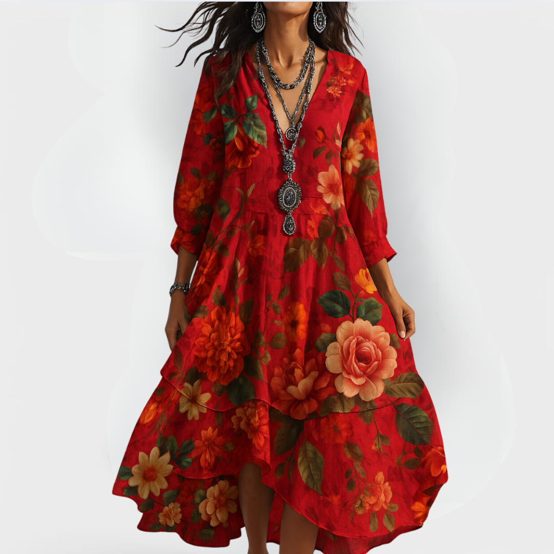 Women's Floral Midi Dress | Boho V-Neck & Effortless Summer Style