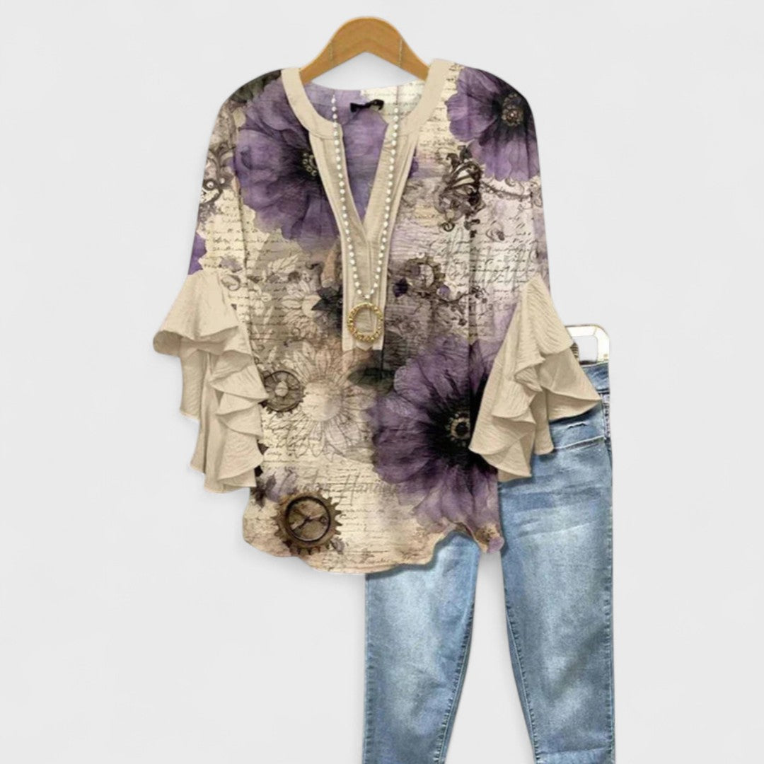 Women's Floral Top | V-Neck Ruffle Sleeve & Elegant Summer Blouse