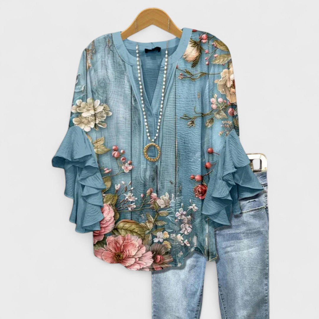 Women's Floral Top | V-Neck Ruffle Sleeve & Elegant Summer Blouse