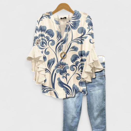 Women's Floral Top | V-Neck Ruffle Sleeve & Elegant Summer Blouse