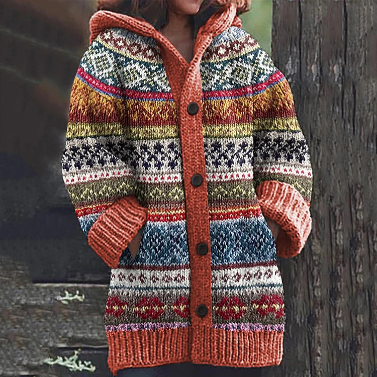 Women's Hooded Knit Cardigan | Button Front & Fair Isle Pattern