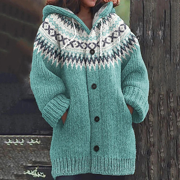 Women's Hooded Knit Cardigan | Button Front & Fair Isle Pattern