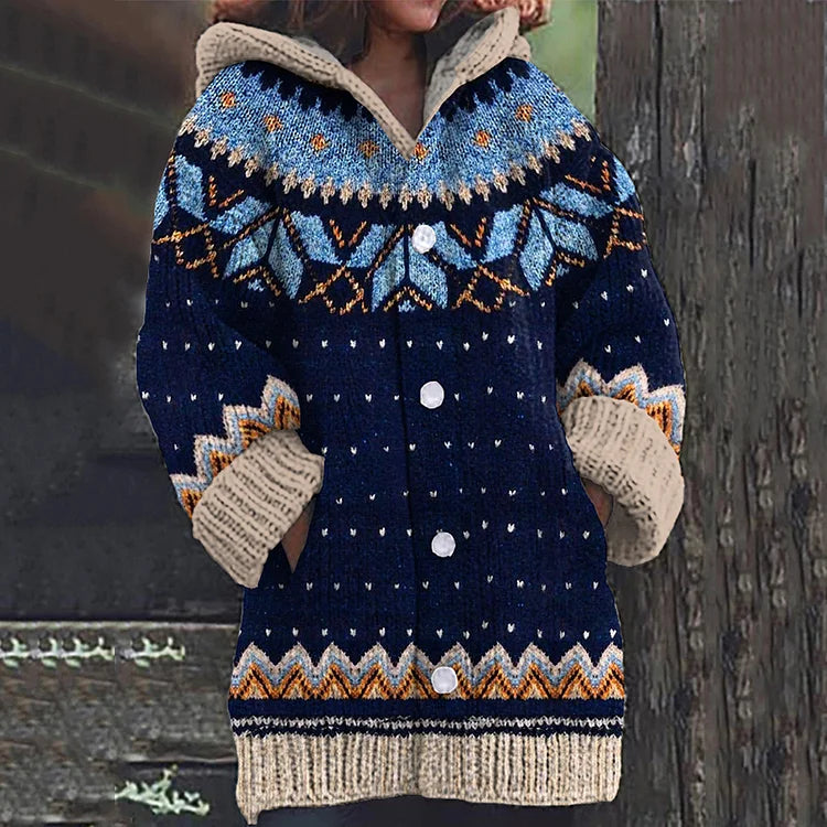 Women's Hooded Knit Cardigan | Button Front & Fair Isle Pattern