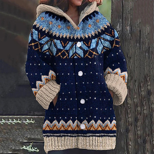 Women's Hooded Knit Cardigan | Button Front & Fair Isle Pattern