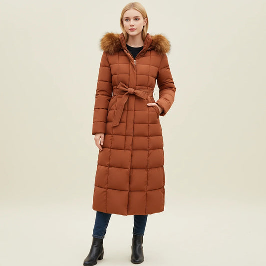 Women's Hooded Puffer Jacket | Belted Waist & Warm